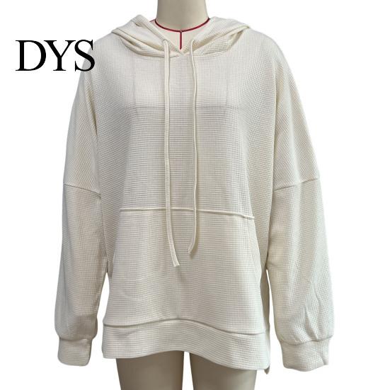 Waffle Texture Women Hoodie Fall Spring Big Pocket Drawstring Hooded Loose Slit And Autumn For Hem Pure Color Knitted Sportwear Top Warm Winter