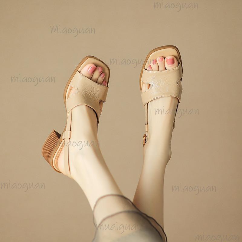 Fashion 2024 New PU Leather Shoes Women Mid Heel Square Toe Casual Shoes Summer Comfortable Ladies Sandals Brown Apricot Size 35-40