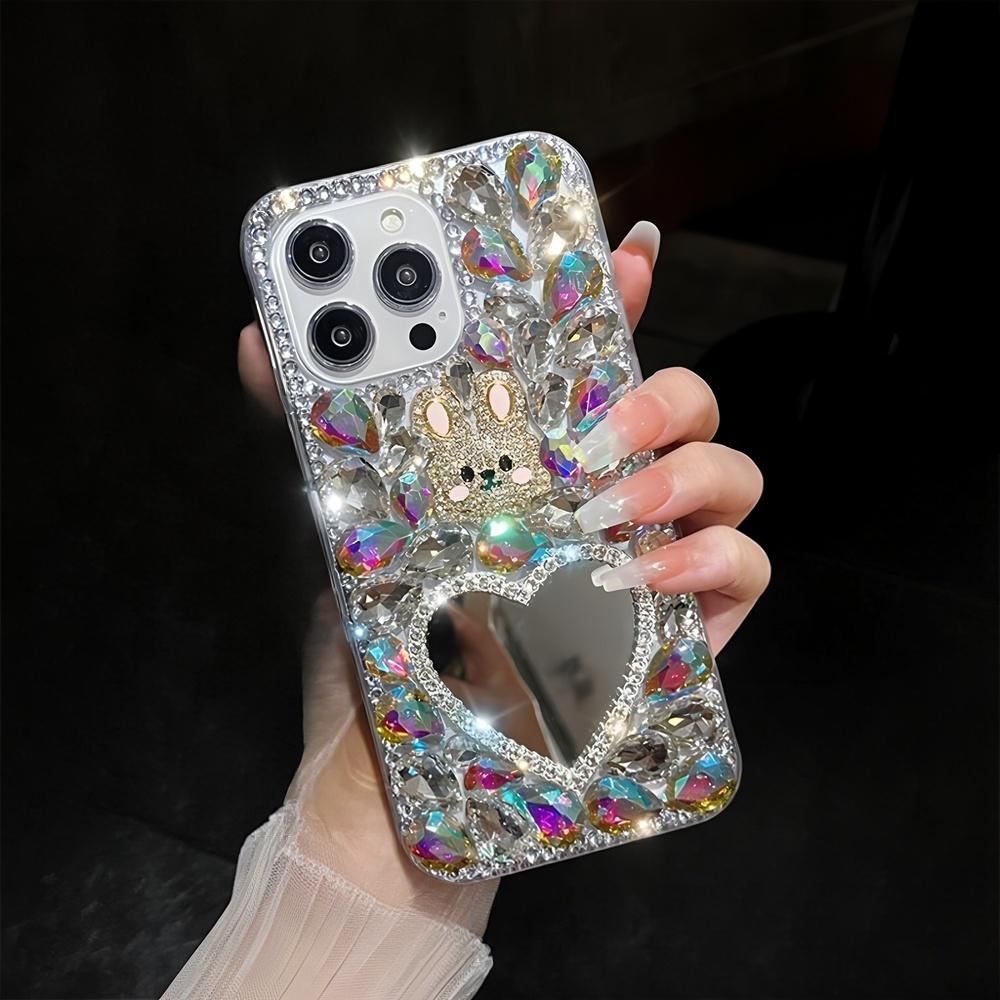 Glitzer-Strass-Handyhülle mit Herzspiegel und süßem Hasendesign, Für iPhone 17 16 15 14 13 12 11 Pro Max Air mini 16e 8 7 Plus X XS XR SE 2022