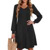 Women's Solid Color Casual Fashion V-neck Long Sleeved Mid Length Dress