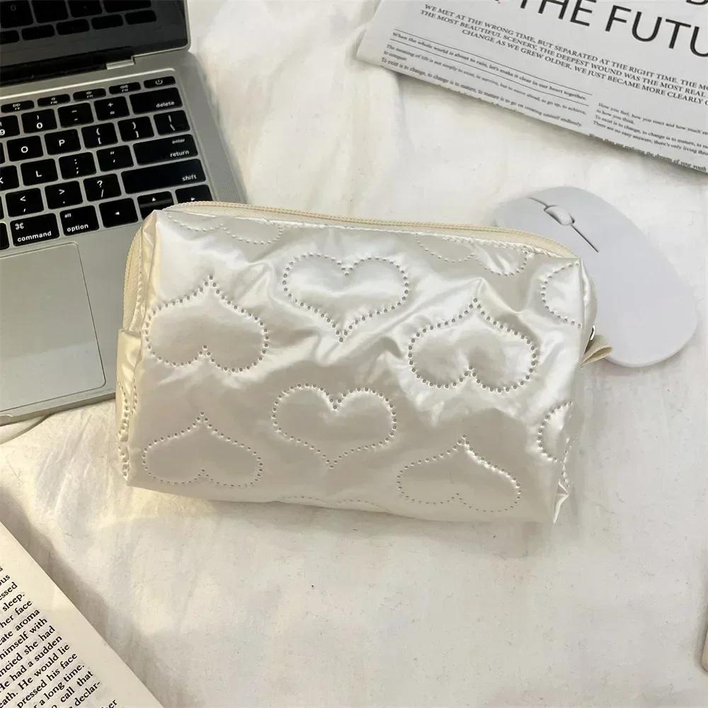 Korean Quilted PU Love Bow Cosmetic Bag Skincare Products Pouch Inner Pocket Multi-function Makeup Lipstick Storage Bag Handbag