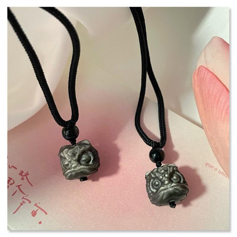 Handmade Obsidian Maitreya Buddha Lion Pendant Necklace With Adjustable Braided Cord Women Men Chinese New Wave Style