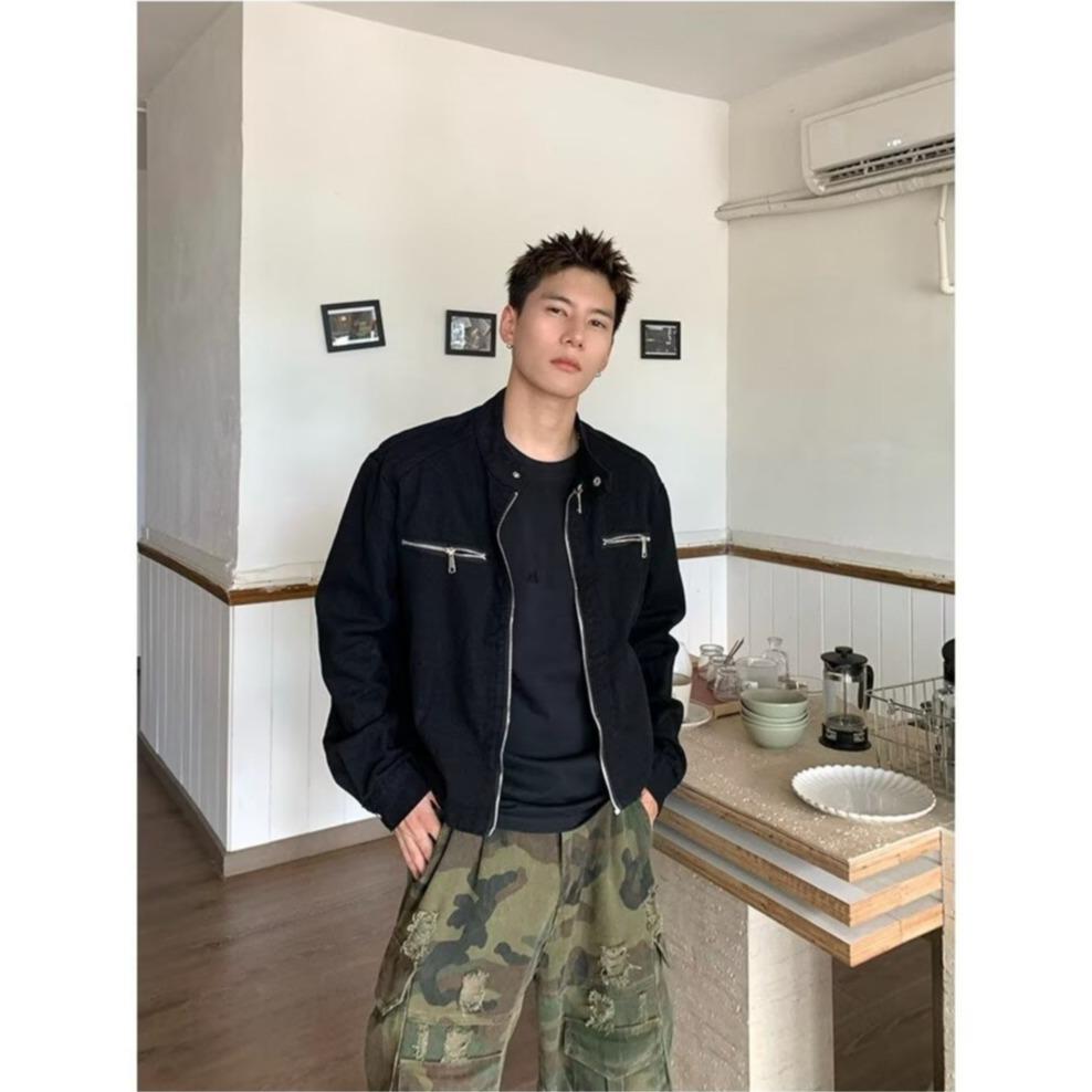 

Modern Simple Harajuku-Style Vintage Washed Jacket with Stand-up Collar and Zipper Design Large чорний