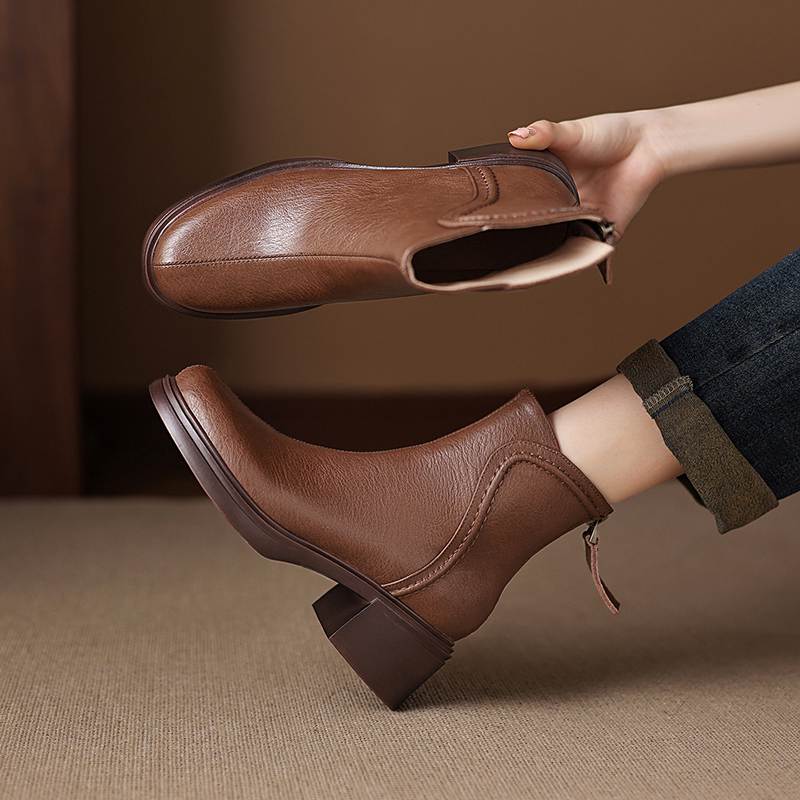 Krazing Pot Cow Skin Round Toe Thick Heels Chelsea Boots Size 42 Back Zip Women Keep Warm Ankle Boots