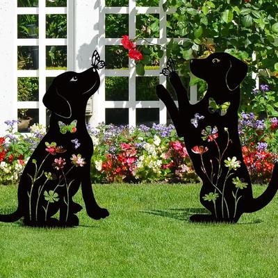 2 estacas metálicas para decoración de jardín con forma de perro: silueta de cachorro. Arte decorativo para patios al aire libre. Para los amantes de los perros. Decoraciones de jardín con encanto.