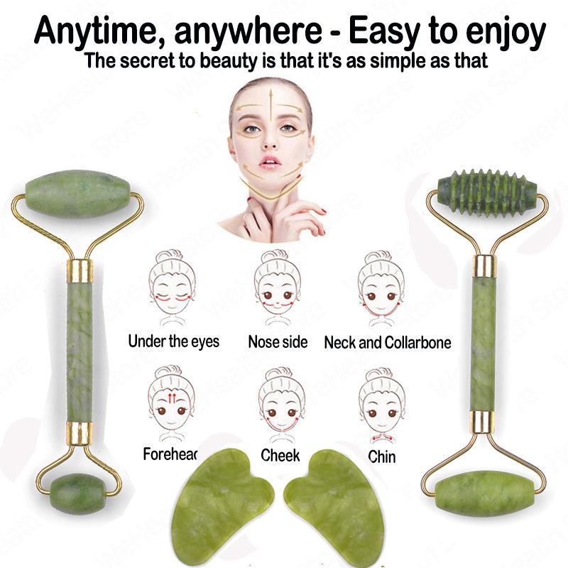 Woman Roller Jade 3-piece Set Massager Face Eyes Neck Forehead Beauty Scraping Pebble Facial Massage Stick