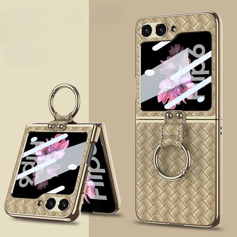 Elektroplate Skall Film Vevd Ring Telefondeksel for Samsung Galaxy Z Flip 6 5 4 Flip6 Flip5 Flip4 Flip3 5G Fallforebyggende Deksel