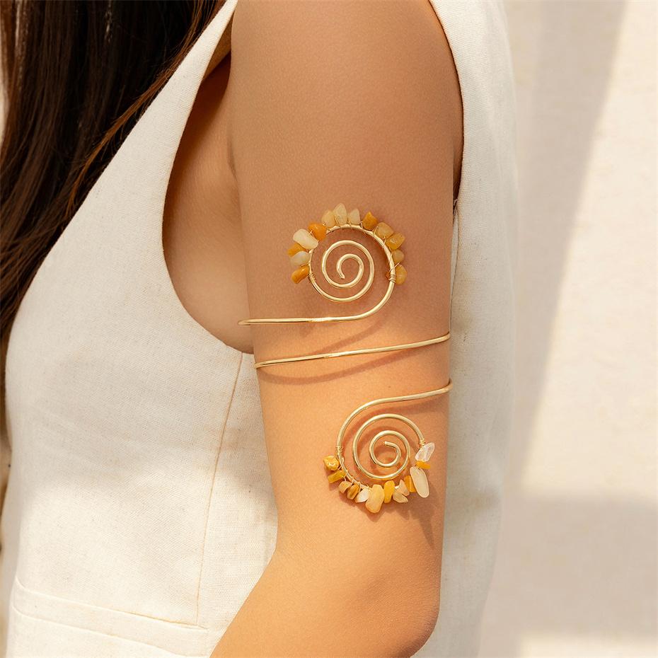 Ingemark 12 Colors Bohemian Stone Upper Armband Cuff Open Bangles for Women Tassel Long Chain Pendant Arm Body Bracelet Jewelry