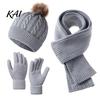 Soft Acrylic Cold Weather Gear Winter Hat Scarf Gloves Set, Knitted Pom Warm Thermal Stylish Outdoor Skiing And Hiking Sets Gloves, Solid Color