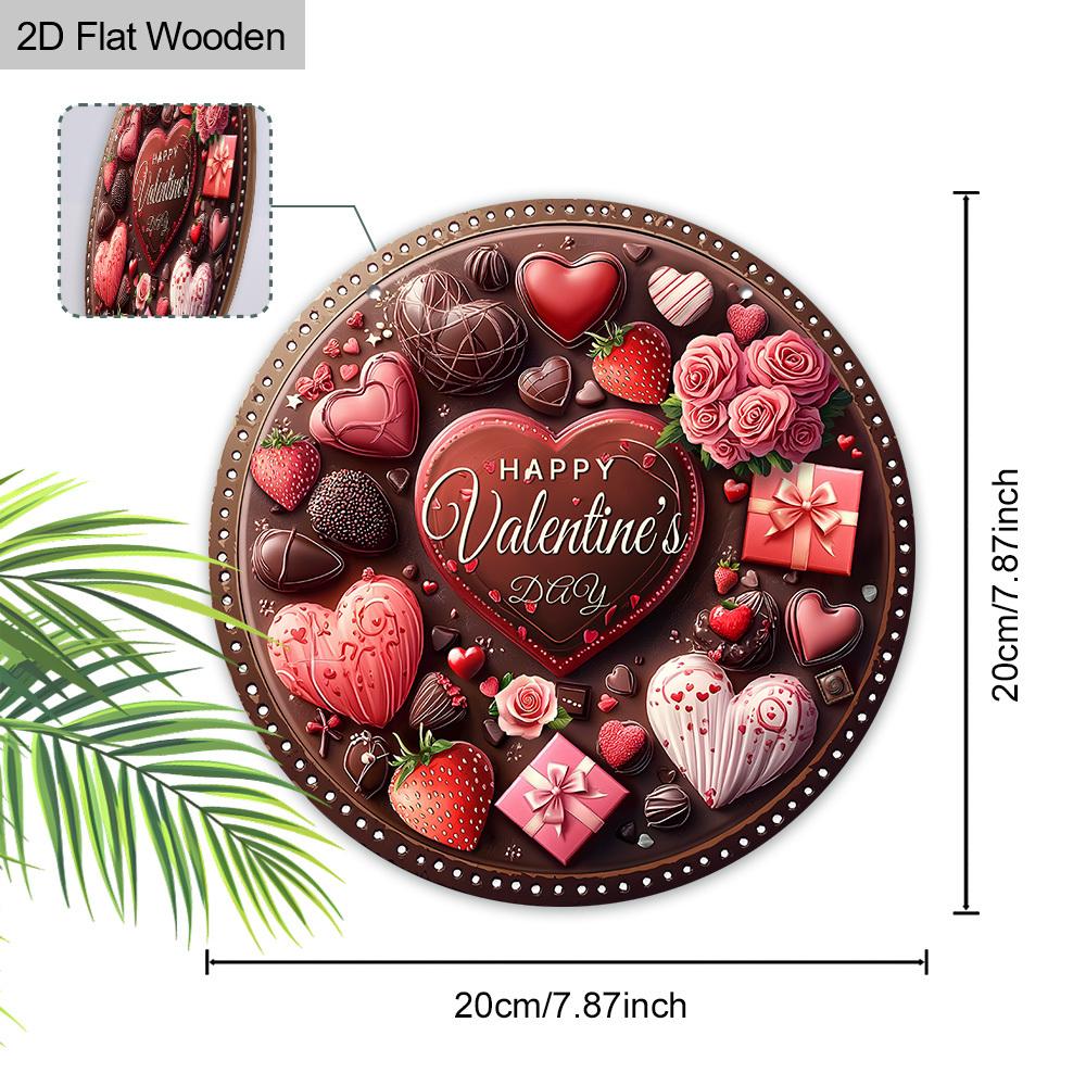 Happy Valentine's Day Chocolate Heart Wooden Sign, Round Front Door Decor, Sweet Treats & Roses Wall Hanging - Ideal Romantic Gift