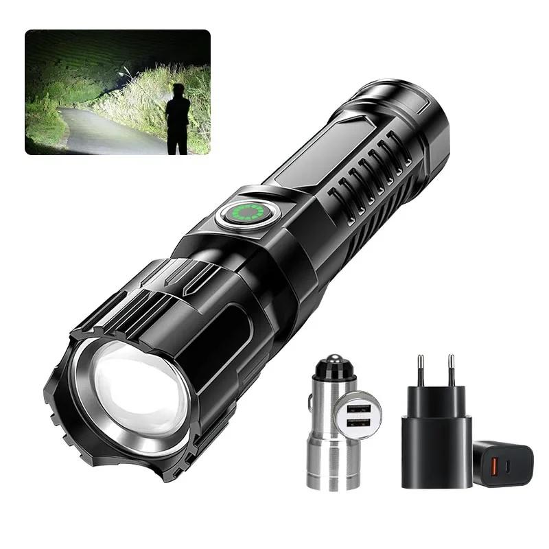 Strong Light LED Flashlights Telescopic Zoom Tactical Torch Type-c Rechargeable Portable Spotlight Long-Range Camping Flashlight