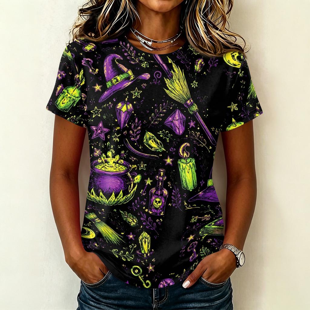 Ladies Casual Pullover Short Sleeve T Shirt Halloween Print Crew Neck Top Halloween Themed Graphic Tee for Women