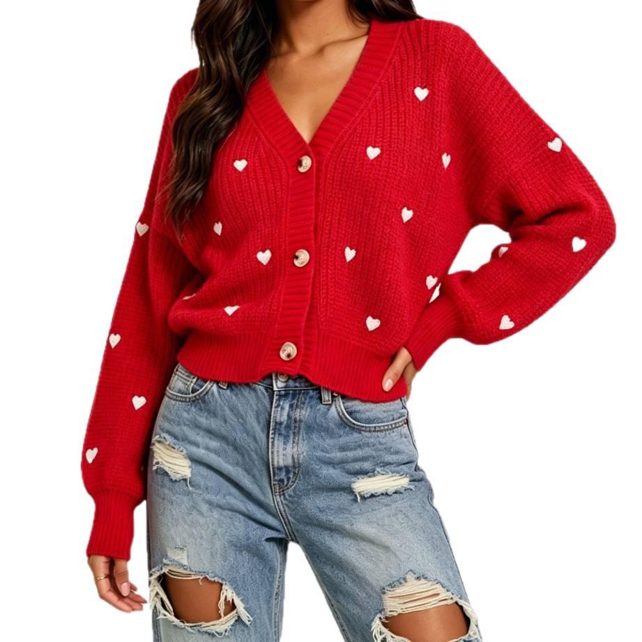 Women's Heart Jacquard Knit Cardigan - European, American & Korean Fashion V-neck Color Block Sweater Coat for Autumn/Winter