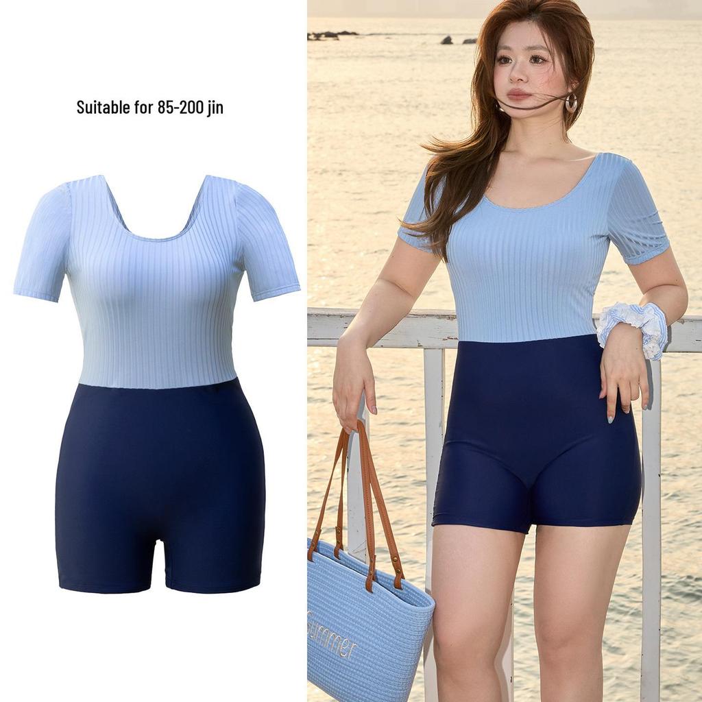 Women's Plus Size Short Sleeve Sporty Swimsuit - Flaw Concealing Conservative One-Piece for Pool & Hot Spring