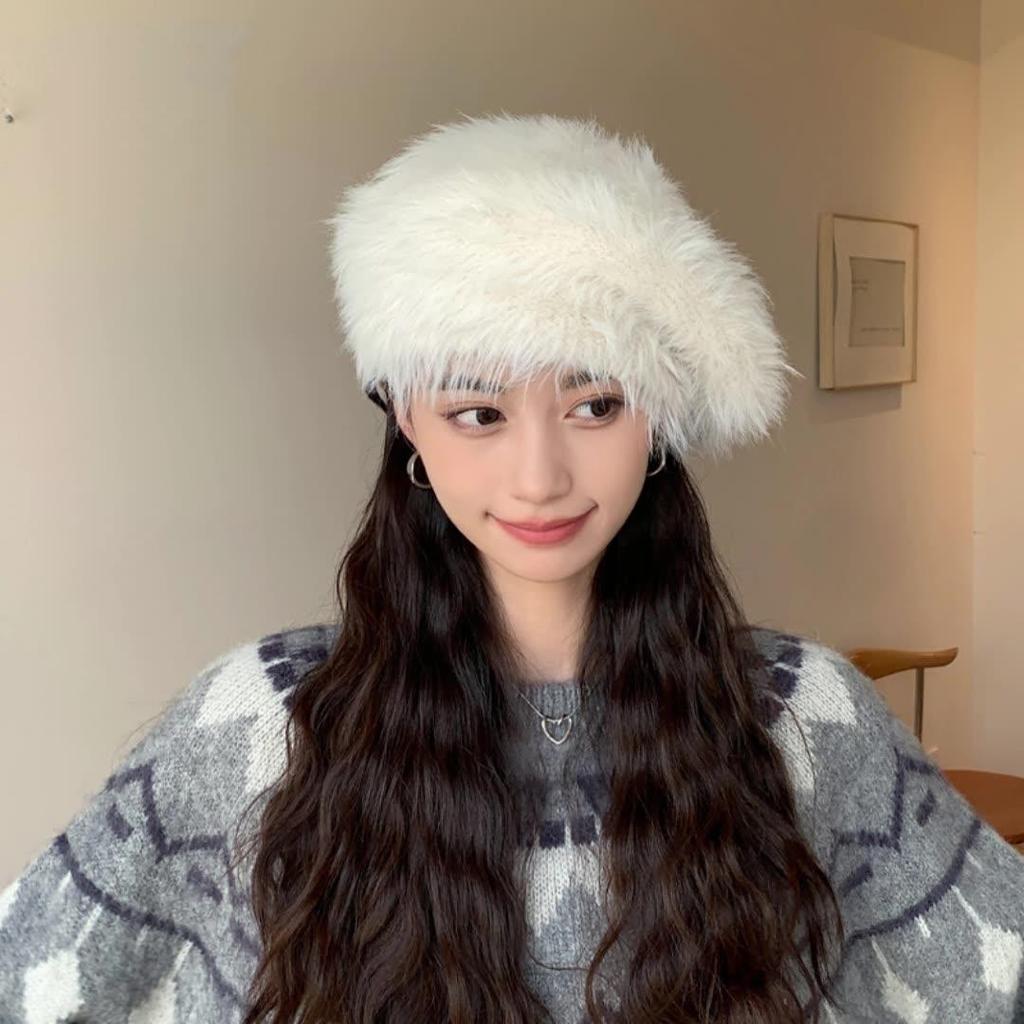 Women Autumn Winter Warm Thicken Ear Protector Hat Cold Velvet Beret Hats Sweet Cute Solid Color Plush Cap