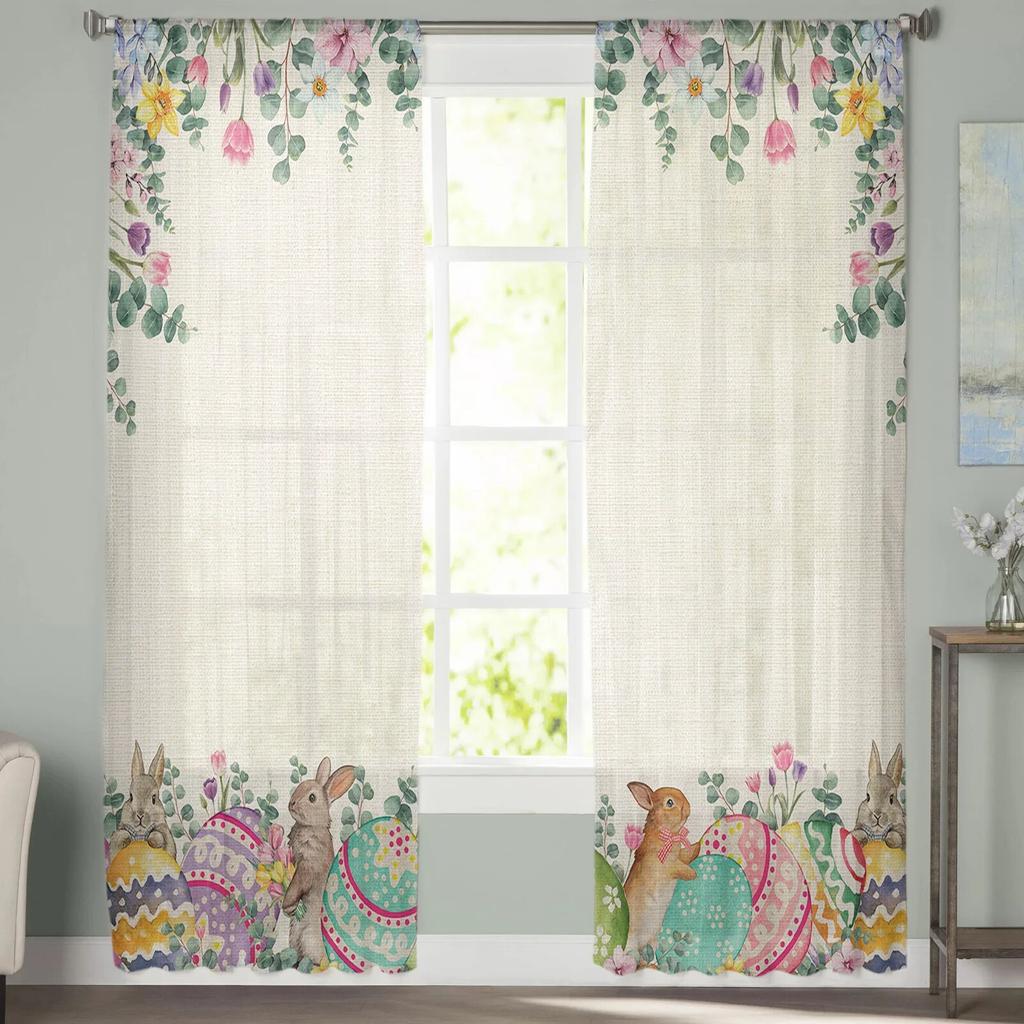 Wielkanocne jaja króliczka wiosenne kwiaty tiulowe zasłony do salonu sypialnia przezroczysta zasłona typu woal okno Home Decor zasłony