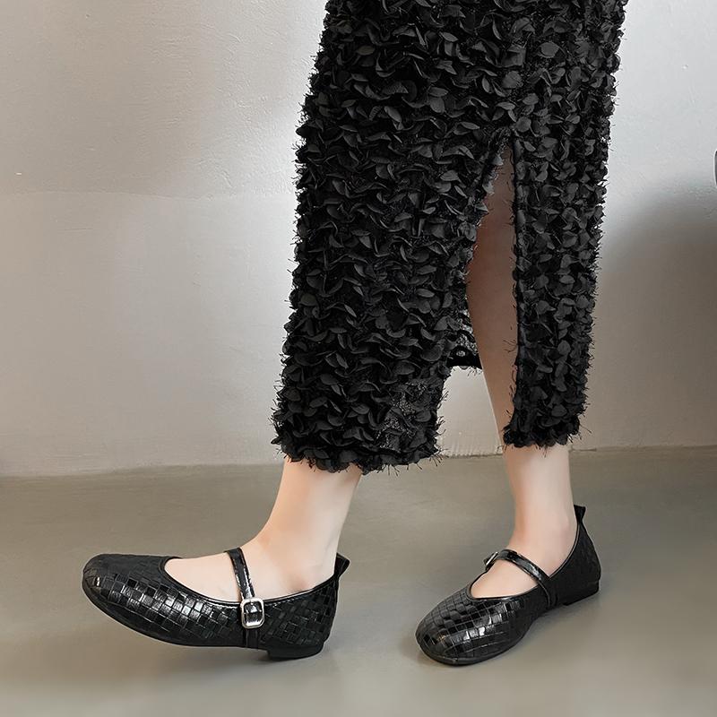 2025 Spring New Women's Ballet Shoes Black Leather Braided Round Toe Flat Simple Retro Daily Office Ladies Shallow Single Shoes