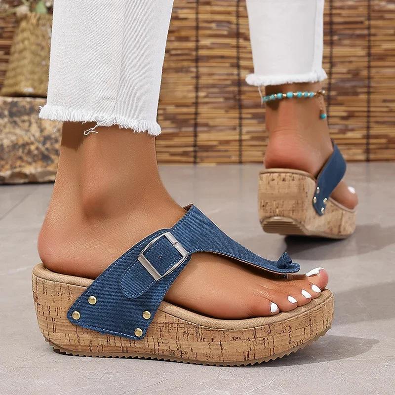 Fashion Fashion Clip Toe Wedge Sandals for Women Buckle Decor Chunky Platform Slippers Woman Summer Thick Bottom Beach Flip Flops Female