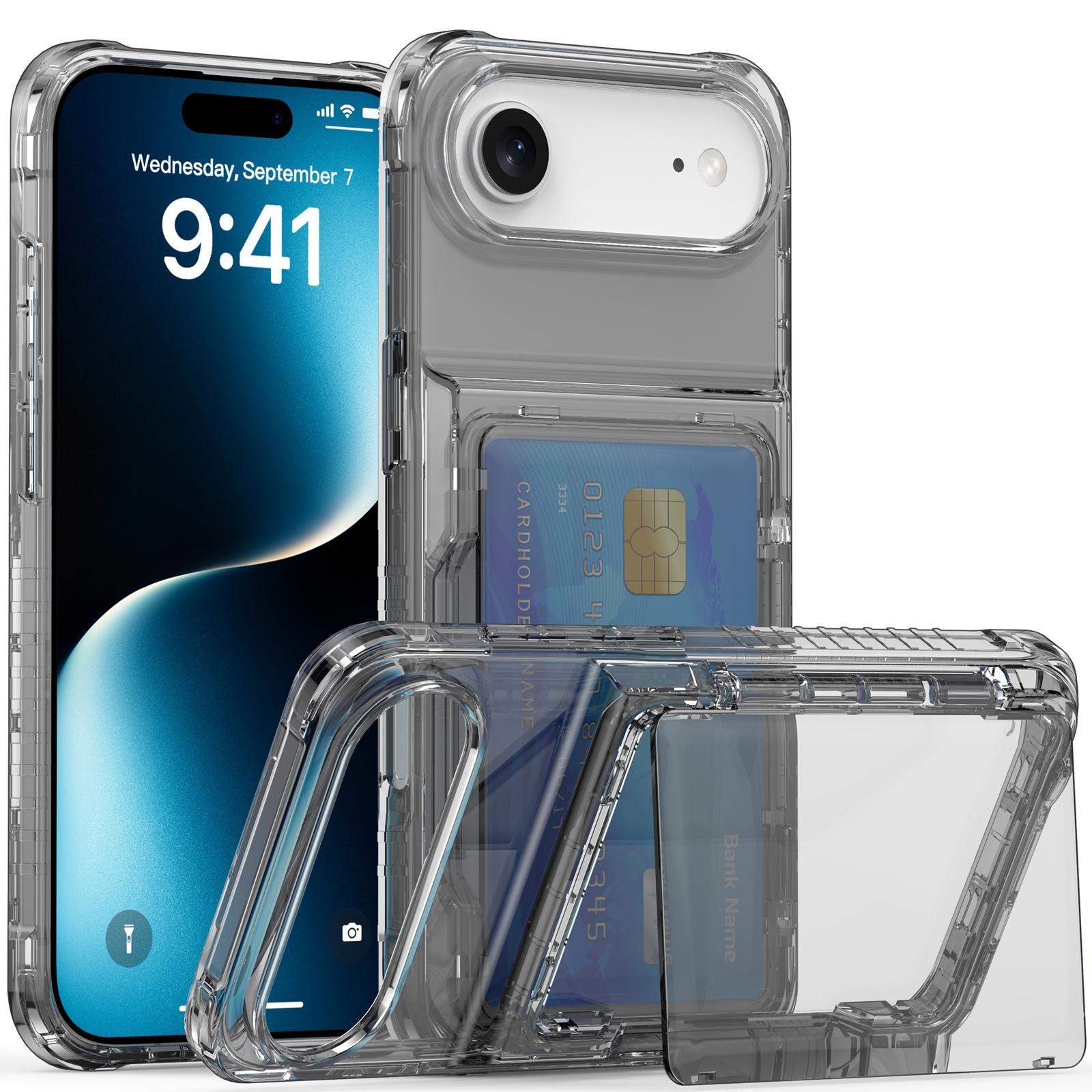 

For iPhone 17 Air Clear Case PC+TPU Phone Cover Card Holder Kickstand Transparent Black
