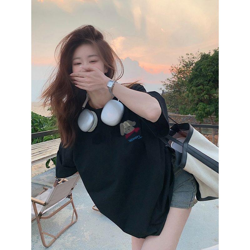Idle Style Cartoon Letter Print Short-Sleeved T-shirt Women's Summer Niche Style Casual Loose Easiest for Match Black Tops Ins Fashion