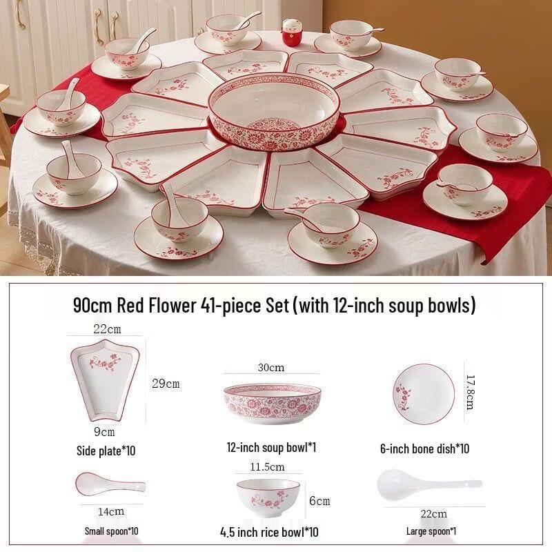 Hundan Chinese Red 90cm 10-Piece Japanese Style Ceramic Dinnerware Set