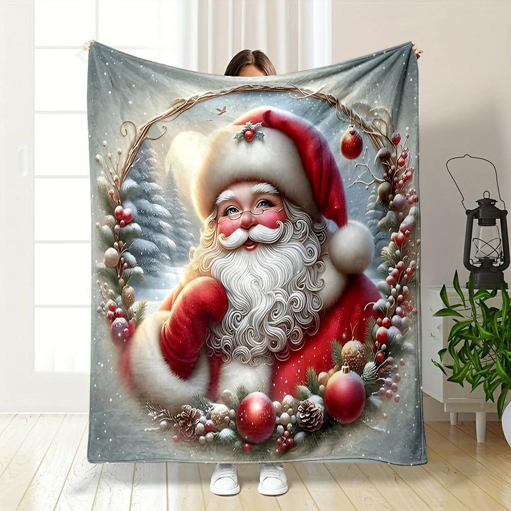 Christmas Santa with Festive Wreath Illustration Patterned flannel blanket perfect for the bedroom living room, sofa, or a little nap
