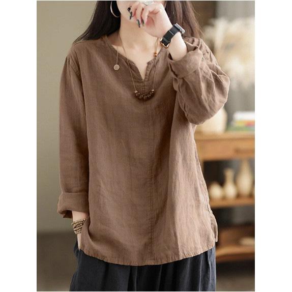 Autumn Women Vintage Cotton Blouse Fashion Solid Loose Shirt Work Tunic Blusas Mujer 2024 Female V Neck Long Sleeve Tops