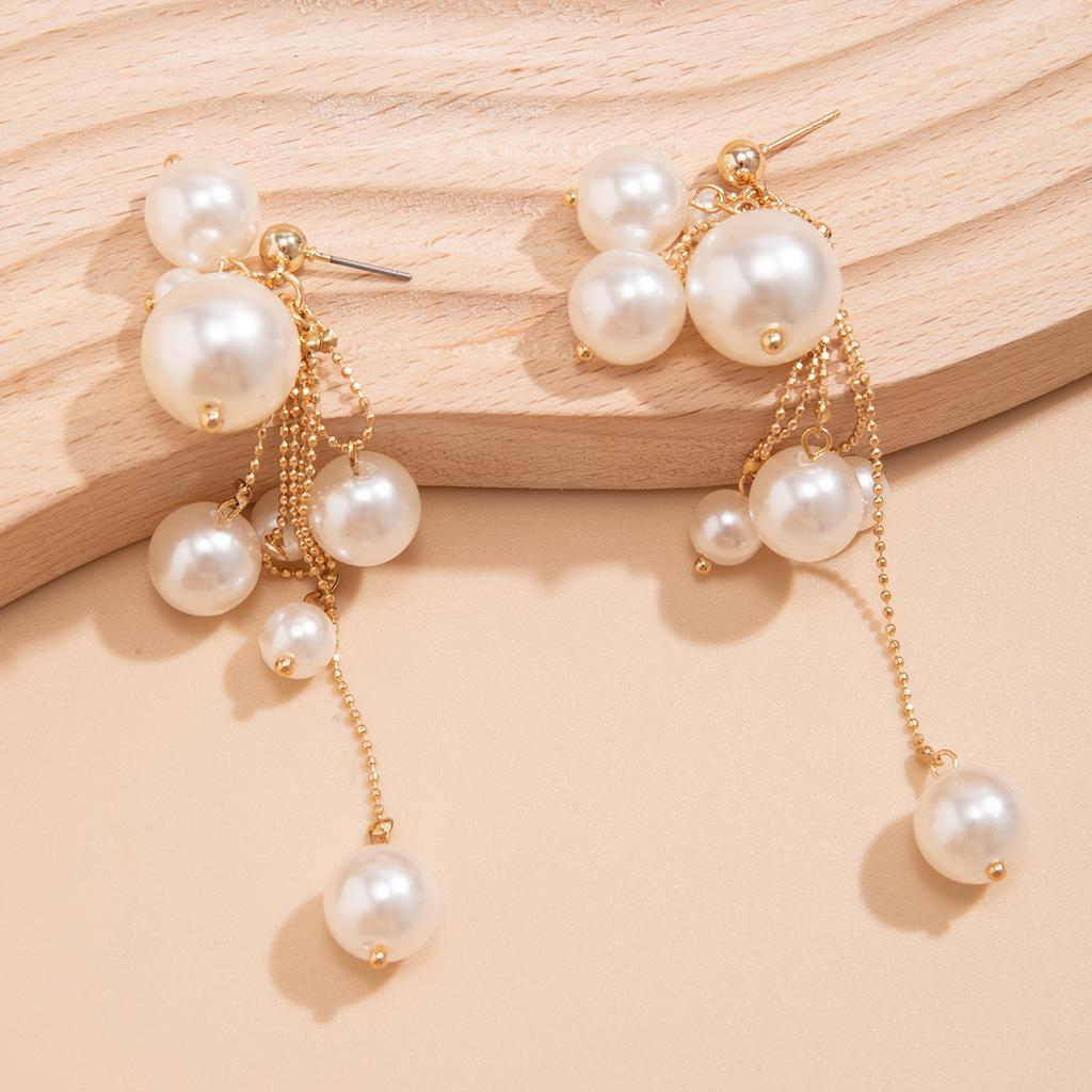 Korean Elegant Imitation Pearl Long Tassel Drop Earrings Irregular Ball Bead Earrings Women's Wedding Party Jewelry Gift