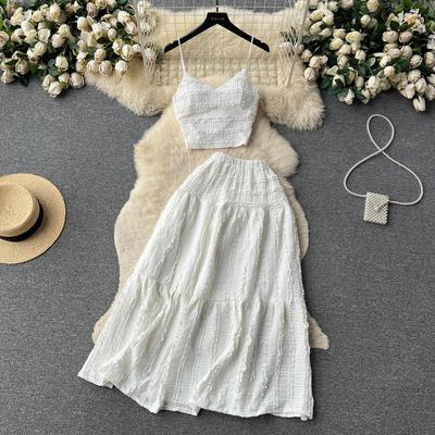 Kore Tarzı Tatlı Dantel Etek Iki Parçalı Set Kadın Yaz V Yaka Tank Top A-line Uzun Etekler Plaj Kıyafetleri