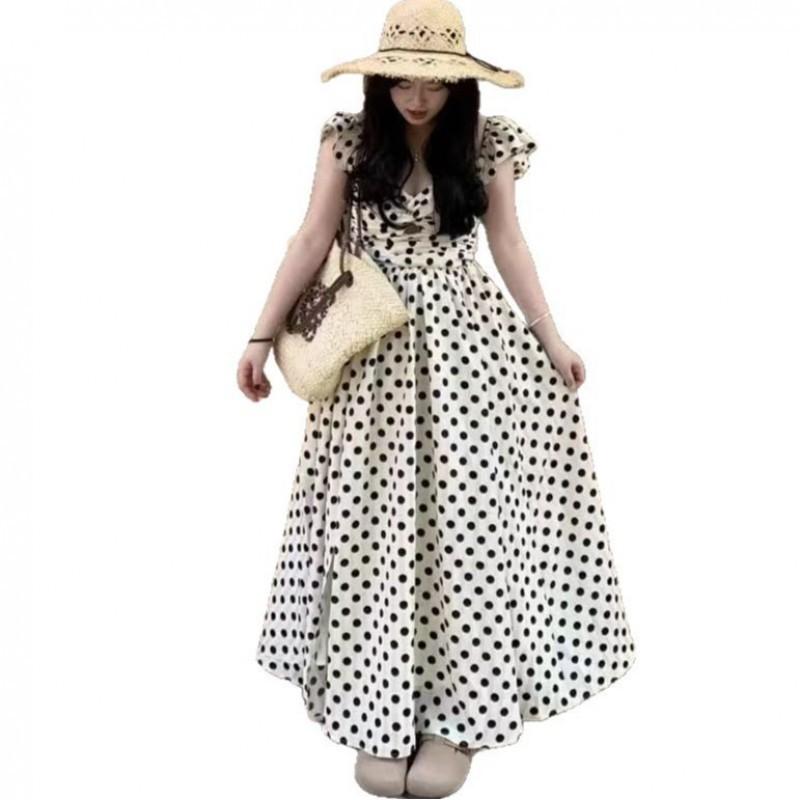 Large Size Fat Sister French Polka Dot Dress Women's Pleated Waist Slimming Temperament Long Sling