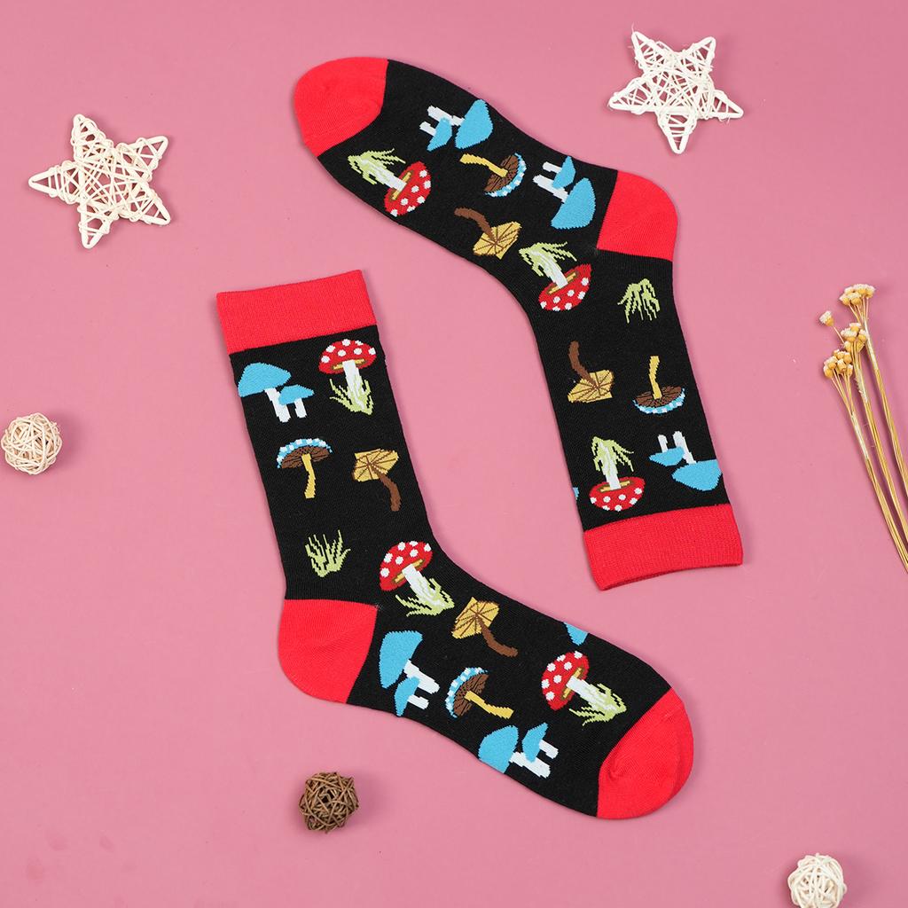 1 Pair Multicolor Mushroom Umbrella With Black Background Breathable Men's and Women's Mid-calf Socks Suit In All Seasons