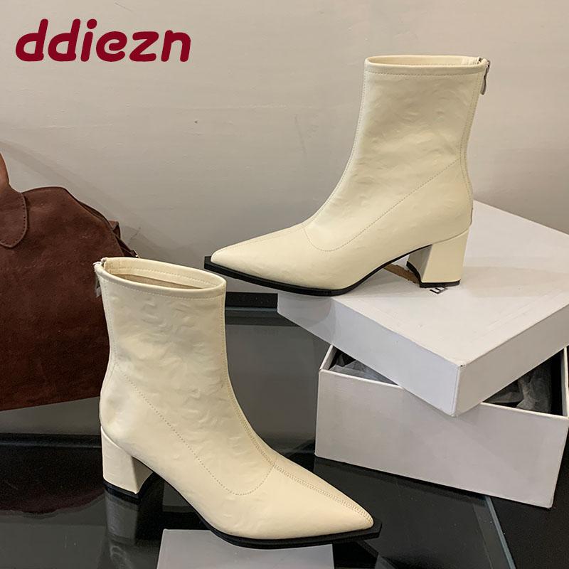 Fashion Fashion Pointed Toe Modern Ladies Short Boots Shoes Female Square Heels Women Ankle Stretch Boots Zippers Shoes Pumps lady