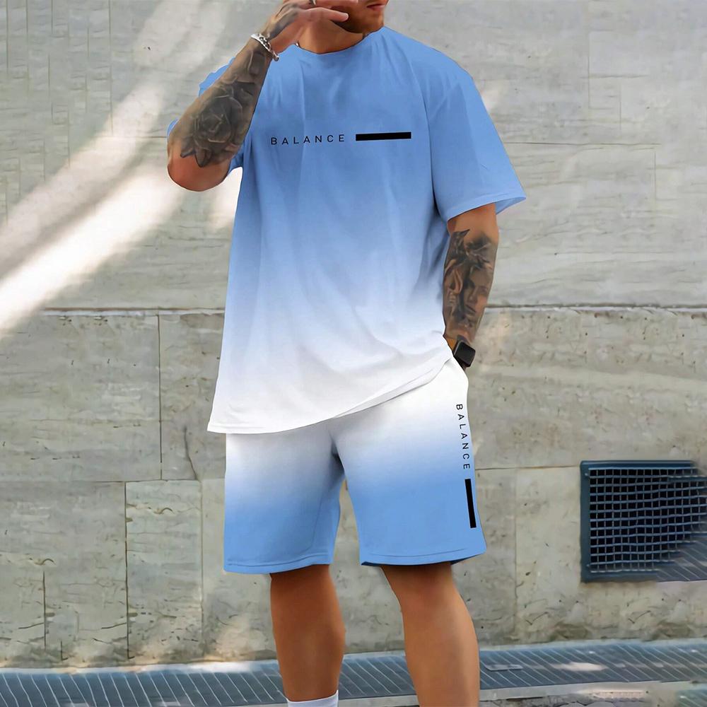 Men's Gradient Sports Set Casual Comfortable Beach Suit Shirt + Pants 2 Piece Set