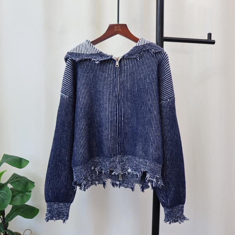 

Кардиган вязаный с капюшоном на двойной молнии, с отверстием, новый осенне-зимний, свободный, высокого класса, куртка-свитер женская One size темно-синий