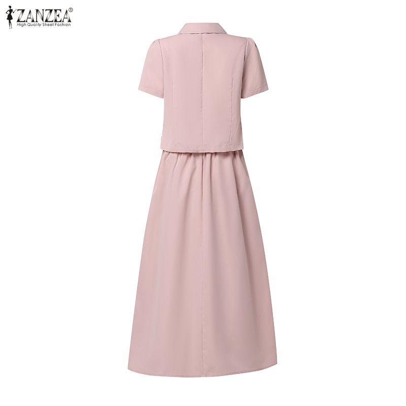 ZANZEA Women Short Sleeve Blouse and Midi Skirts Summer Two Piece Suit Sets
