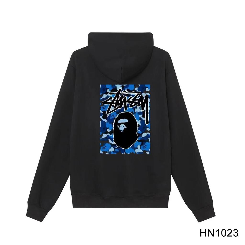 Stussy 2025 New Spring and Autumn Loose Plus-size Thin Style Stussy BAPE Joint Payment Print Cotton Hooded Couple Hoodie
