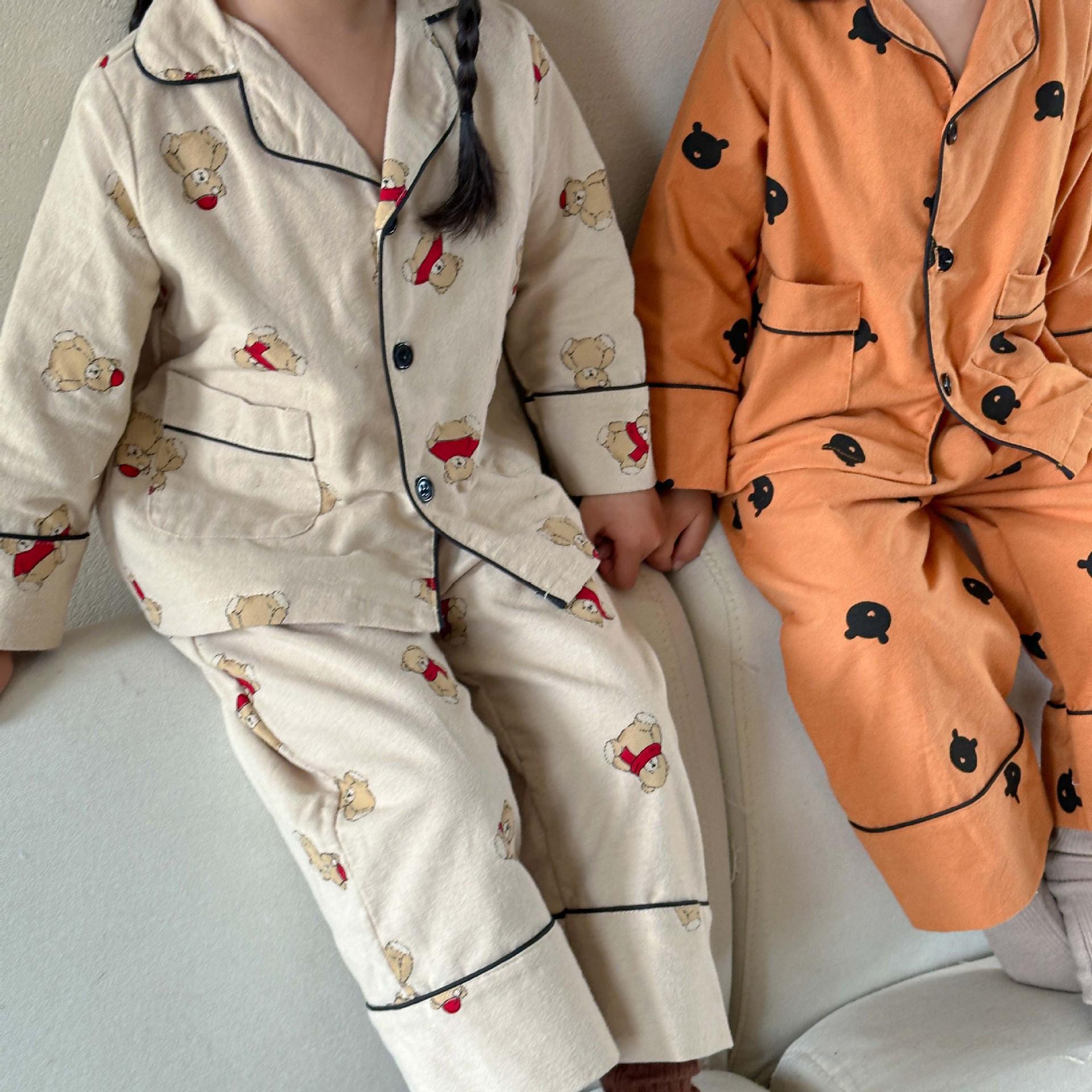 

Korean Style Pure Cotton Flannel Pajamas for Kids - Boys & Girls Two-Piece Spring/Autumn Set 90 cm