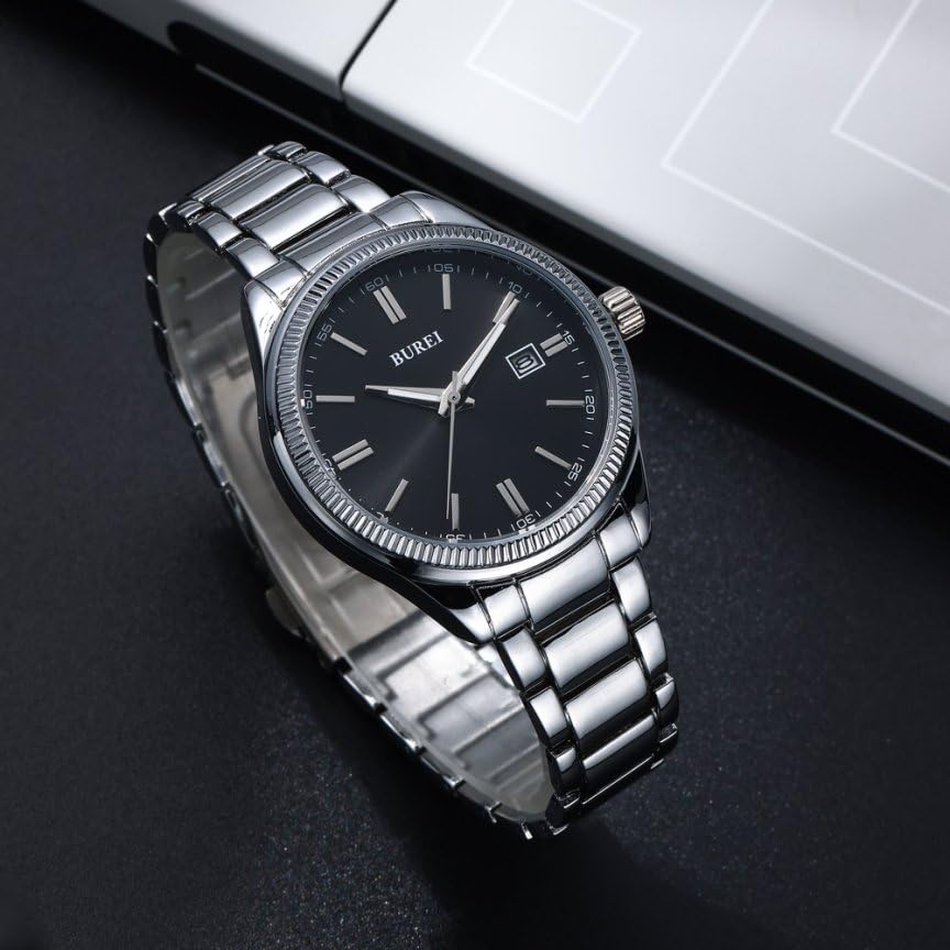 BUREI Men's Analog Quartz Watch with Date Display, Easy-to-Read, Waterproof, Stainless Steel, Black and Silver, Popular Brand, Stylish, Gentleman's,