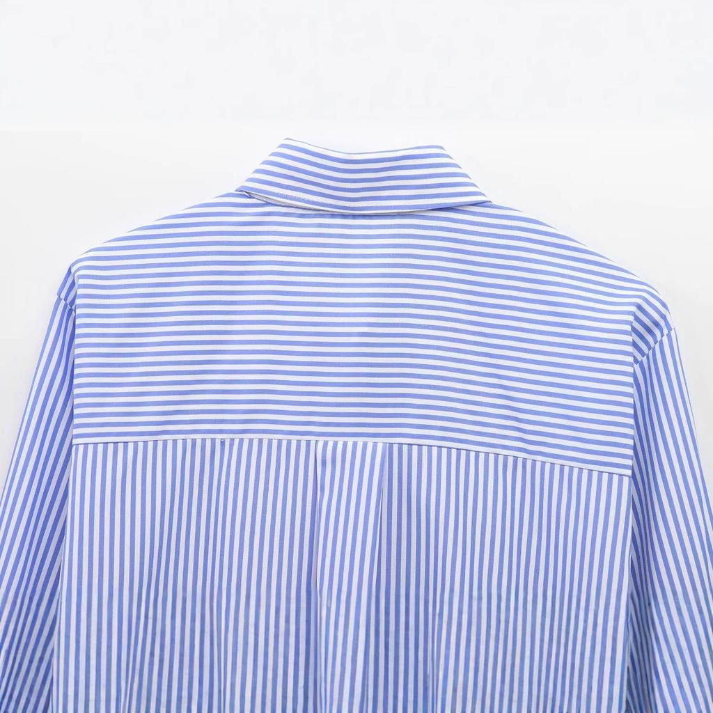 2025 Spring Women's European & American Striped Poplin Long Sleeve Lapel Shirt