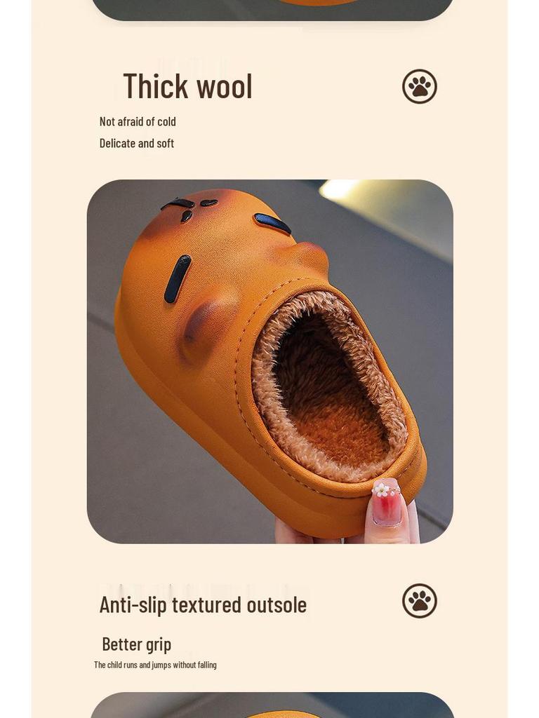 Dziecięce bawełniane kapcie antypoślizgowe Cang-Capybara: Urocze Zimowe Kapcie Indoor z Miękką Podeszwą i Zabawnym Wzorem Kupki