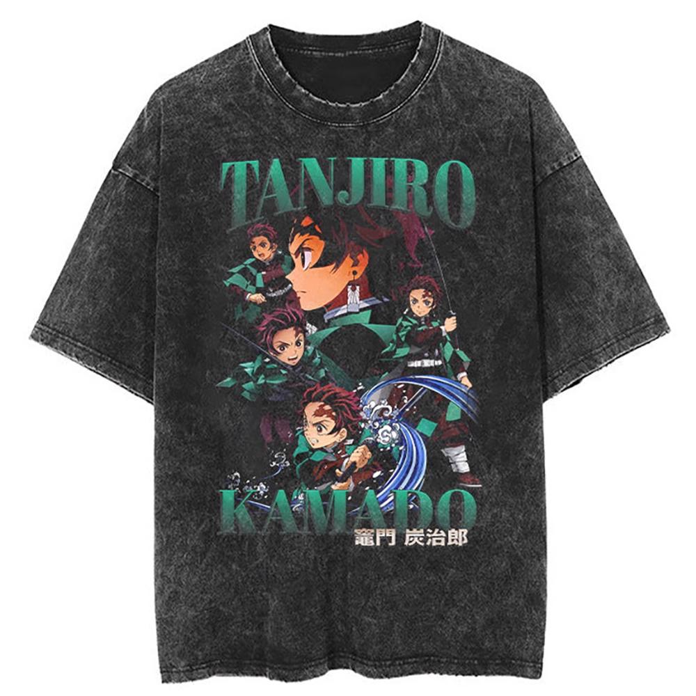 Anime Demon Slayer Rengoku Kyoujurou Print T Shirt Men Women Washed Cotton Tshirts Manga Tee Harajuku Male Casual Loose T-shirt