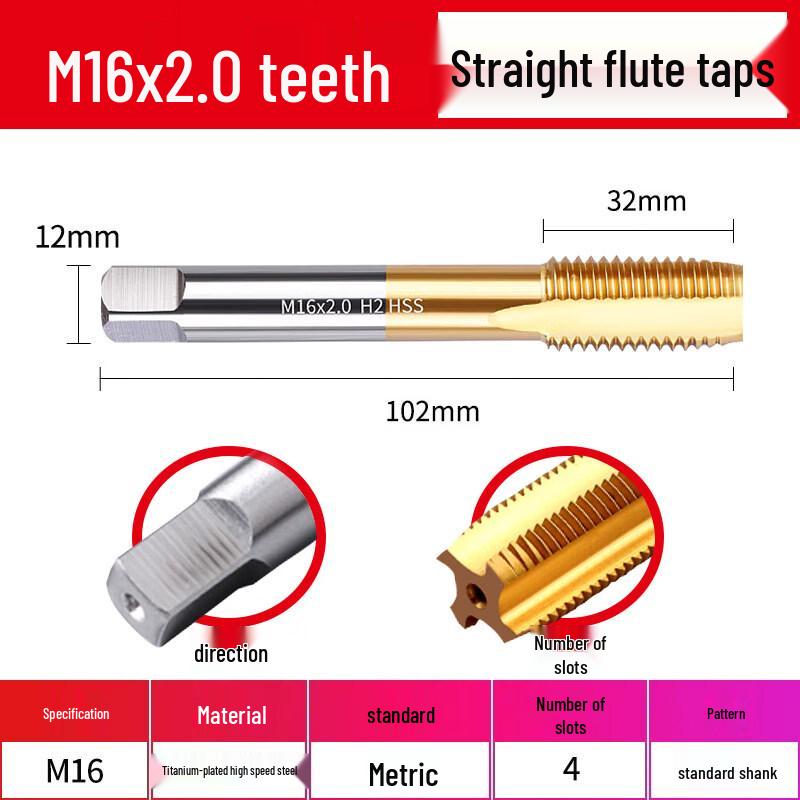 M16*2 Titanium Plated Spiral Tap for Stainless Steel