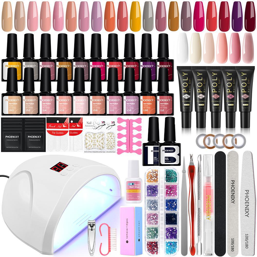 PHOENIXY Gel Nail Polish Varnish Kit with 36W Nail Dryer Lamp Poly Extension Gel Nail Art Manicure Tools Soak-off UV LED Gel Set