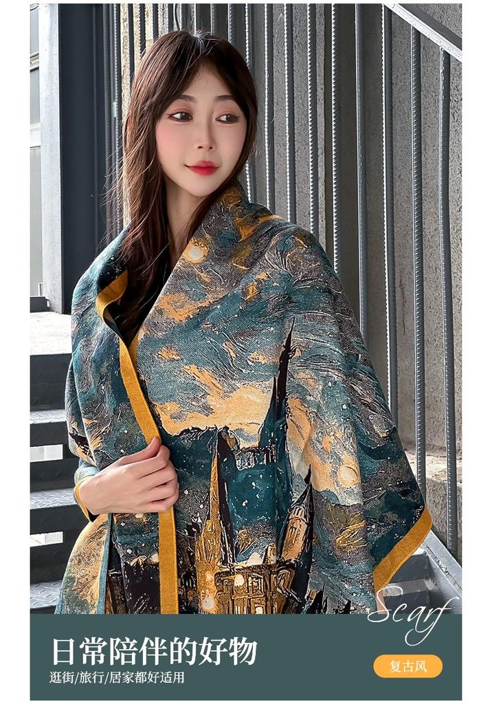 Korean High-End Scarf Castle Oil Painting Style Versatile Shawl Printed Scarf