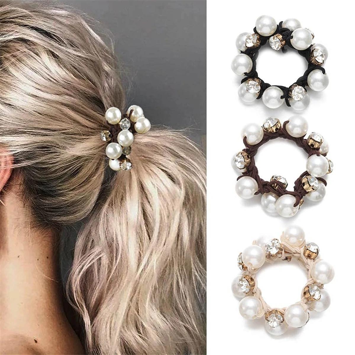 

3pcs Pearl Brimmed Hair Tie Glitter Rhinestone Decor Hair Rope Retro Style Scrunchies For Women