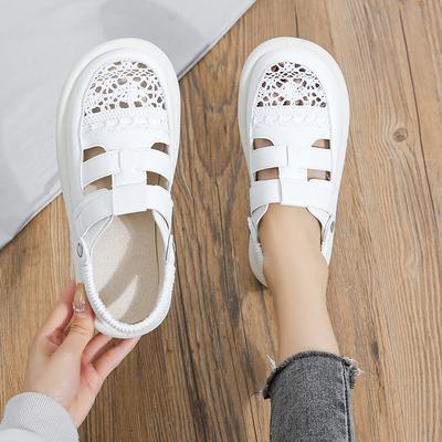 Sandálias Baotou Vazadas da Moda Feminina Respirável Macia Confortável Sandálias Rasteiras Femininas Retrô Sapatos Casuais Plataforma Versátil Tênis 2024