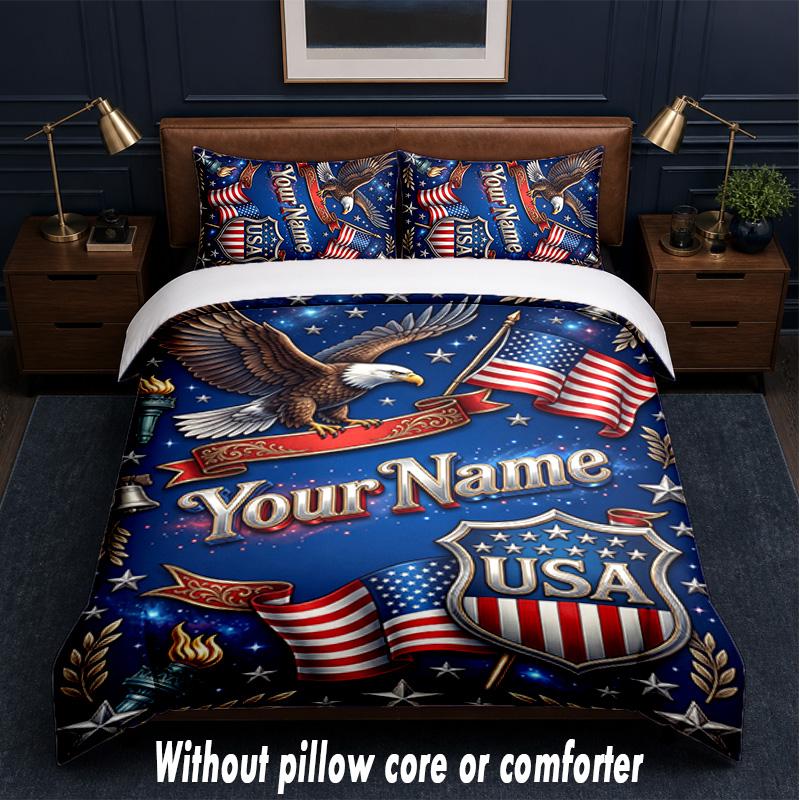 Set Biancheria da Letto a Tema Patriottico Americano con Testo o Nome Personalizzato, 3 Pezzi, 1 Lenzuolo Sotto con Angoli & 2 Federe, Biancheria da Letto Personalizzata per la Casa
