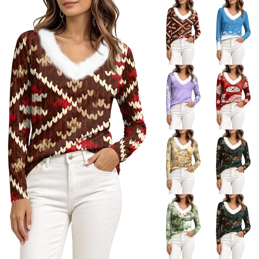 Women's Long Sleeve V-Neck Christmas Top with Collar, Snowflake and Christmas Tree Print
