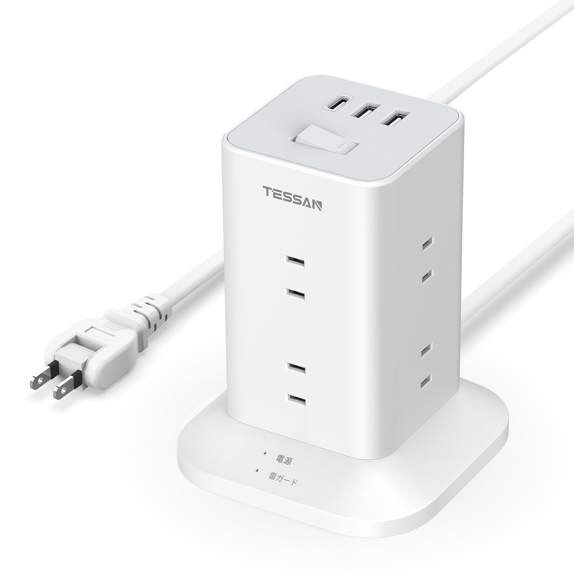 

TESSAN 2m Tower Extension Power Strip with USB 8 AC 1 2 OA Power with Rotating or Tabletop Use Cord, Outlets, Octopus-style Outlets, Outlets, Type-C сірий колір