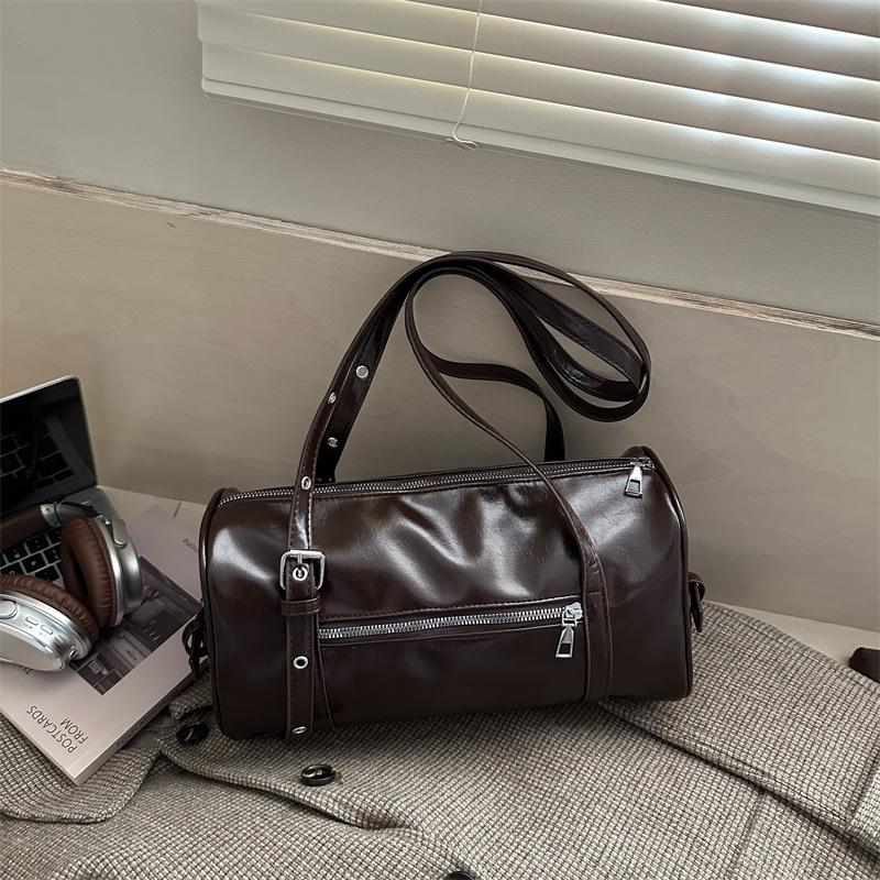 Vintage Solid Color Women Pu Shoulder Bags Large Capacity Ladies Handbags Versatile Belt Design Textured Female Crossbody Tote